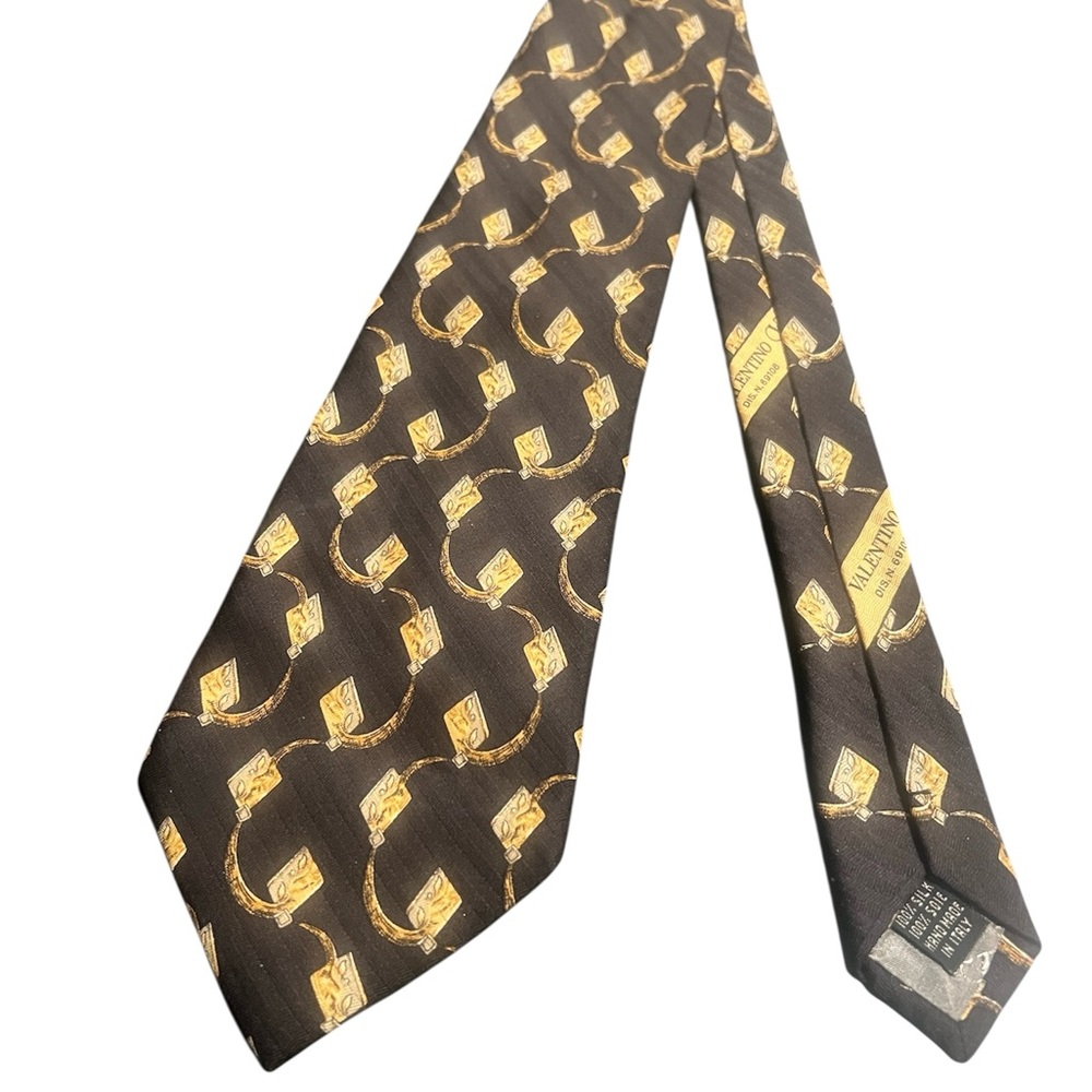 Authentic Valentino Cravatte Silk Tie • Black Gold Geometric • Made in Italy